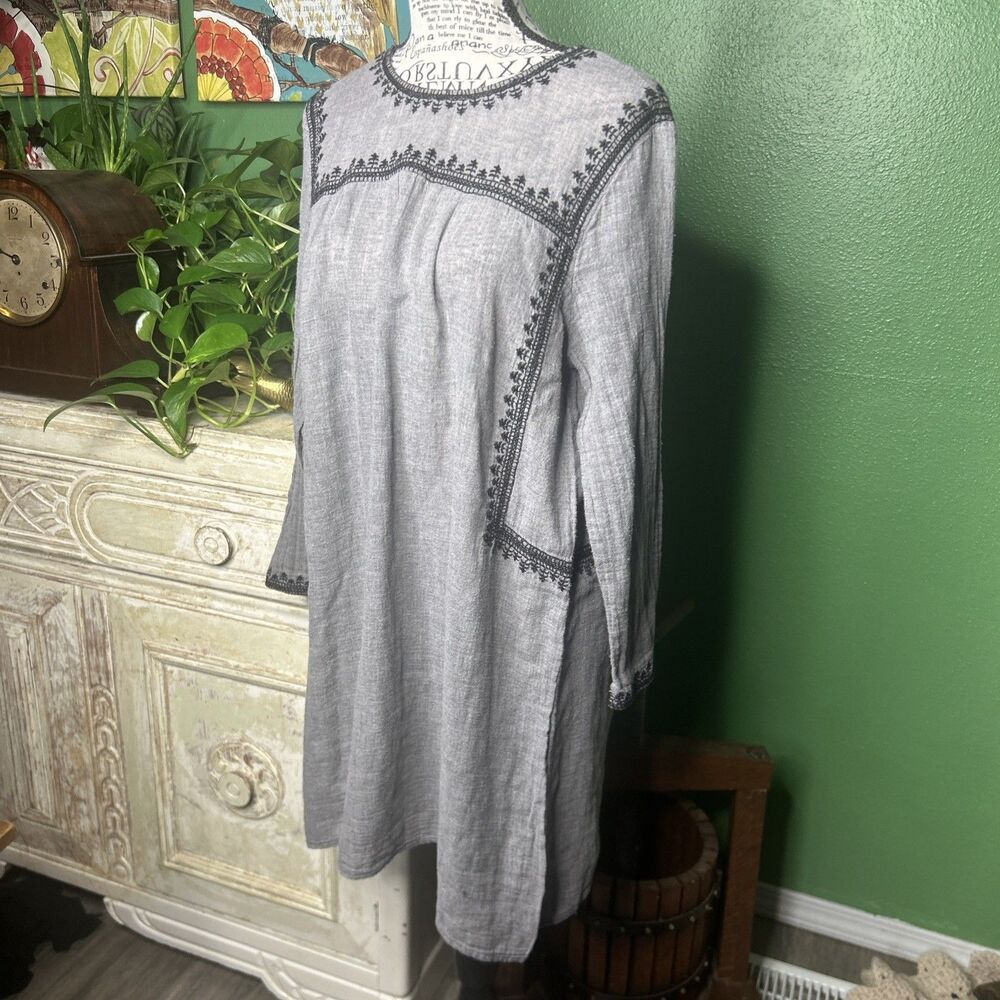 Embroidered Lightweight Shift Dress Anymetric Hem Small Boho Hippie Natural